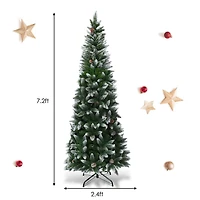 Costway 7.5ft. Snow Flocked Pencil Hinged Christmas Tree with Pinecones