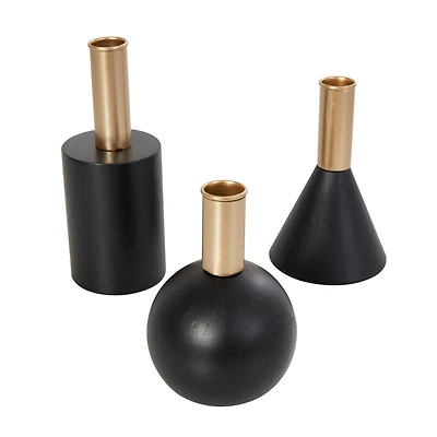 Black Wood Geometric Candle Holder Set