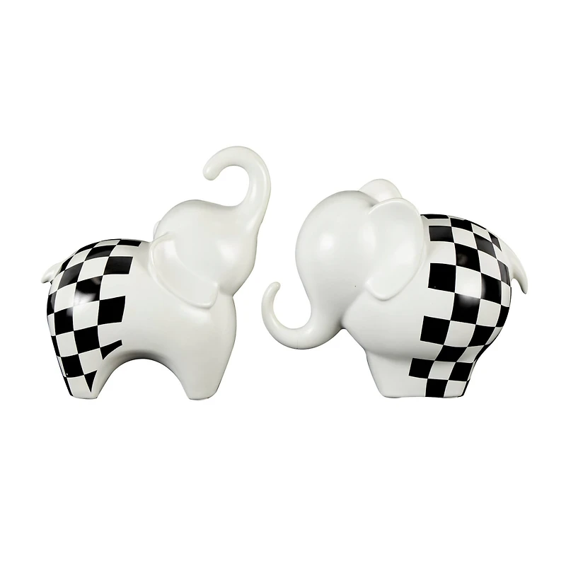 White Ceramic Elephant Sculpture with Checkered Pattern Set