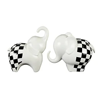 White Ceramic Elephant Sculpture with Checkered Pattern Set