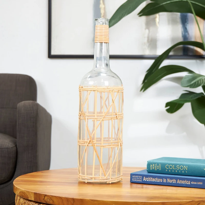 23" Clear Glass Handmade Tall Vase with Light Brown Rattan Woven Body and Neck
