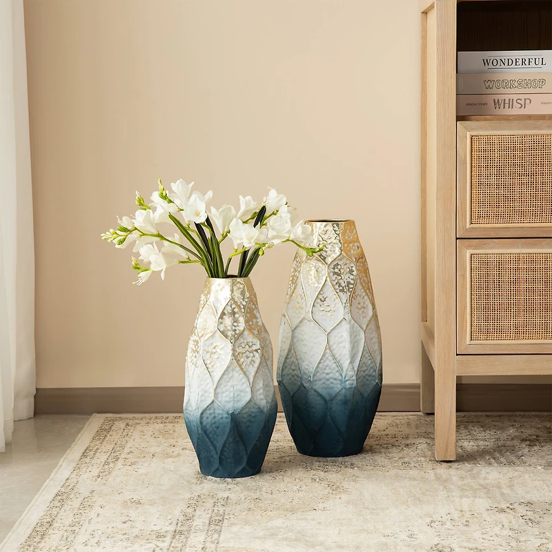 Glitzhome® Abstract Ombre Blue & Gold Metal Floor Vases Set