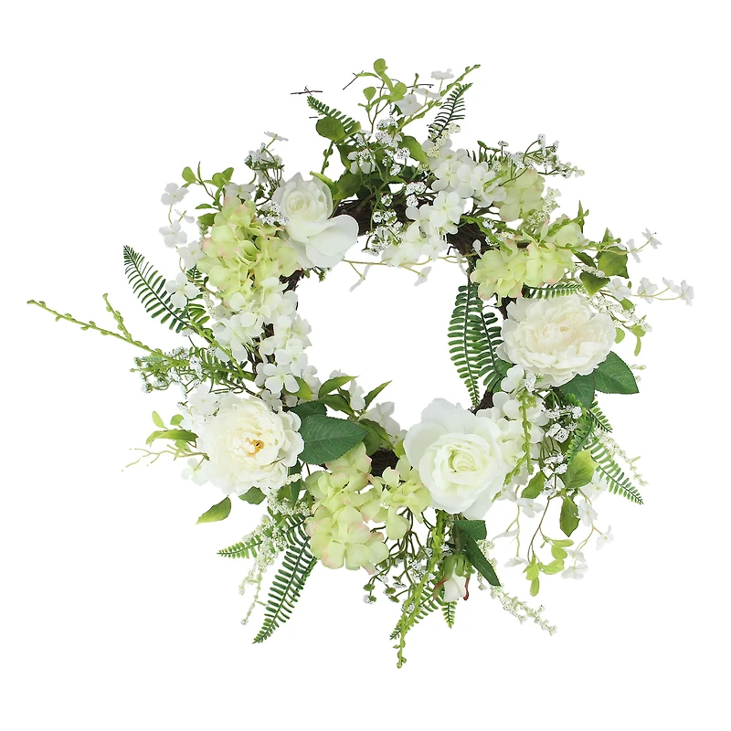 24" White & Green Peony & Rose Artificial Floral Spring Wreath