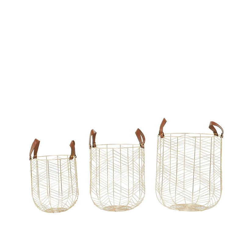 CosmoLiving by Cosmopolitan Gold Metal Storage Basket with Faux Leather Handles Set of 3 16", 14", 12"