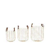 CosmoLiving by Cosmopolitan Gold Metal Storage Basket with Faux Leather Handles Set of 3 16", 14", 12"