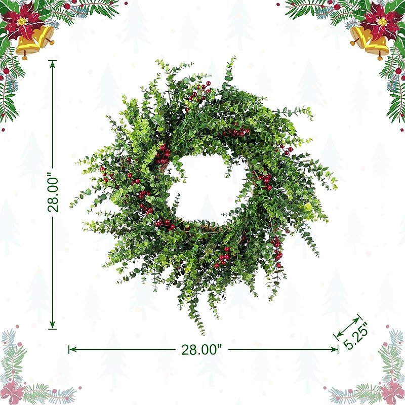 Glitzhome® 28"D Christmas Greenery PE Eucalyptus Wreath with Red Berries