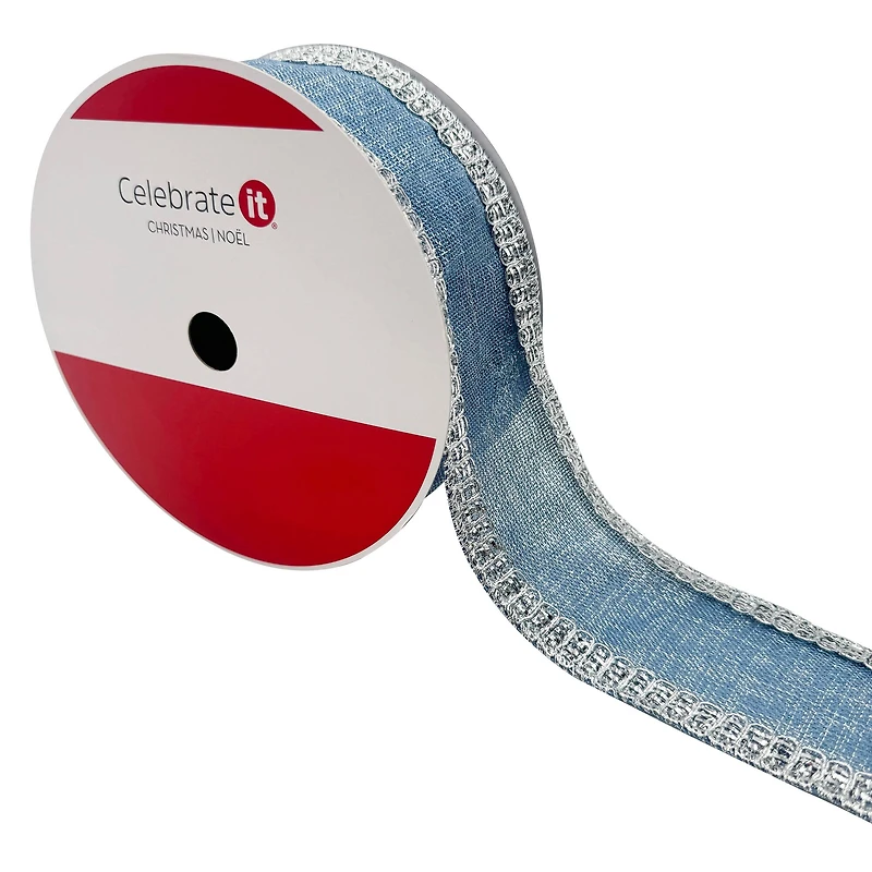 2.5" x 25ft. Blue & Silver Wired Faux Linen Jumbo Ribbon by Celebrate It®