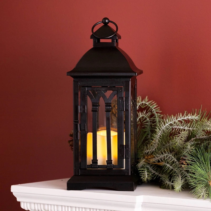 13" Black Metal Lantern with LED Candle