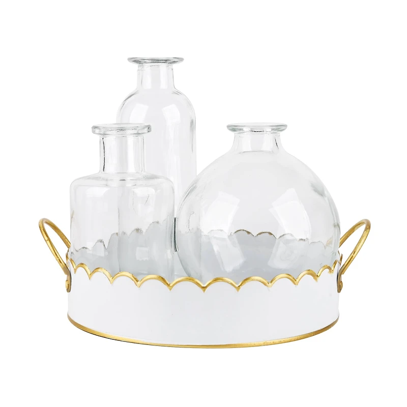 White & Gold Scalloped Metal Tray with 3 Glass Vases by Ashland®