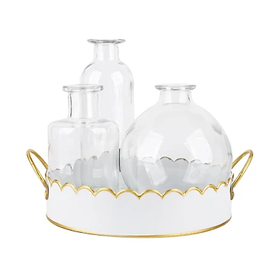 White & Gold Scalloped Metal Tray with 3 Glass Vases by Ashland®