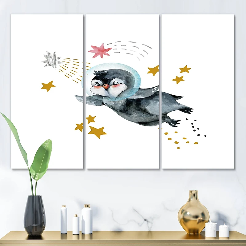 Designart - Little Penguin Flying Stars and Planets I