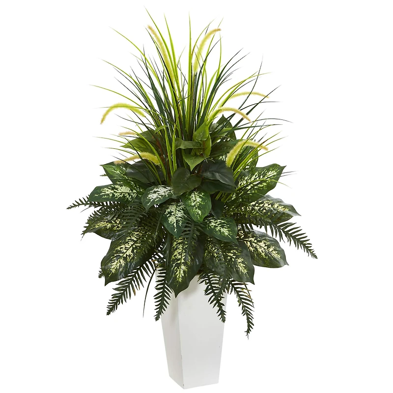 4ft. Mixed River Fern & Dogtail In White Tower Planter