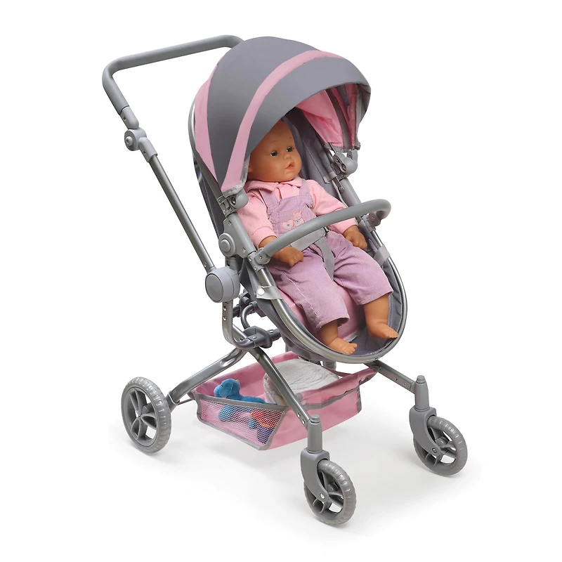 Badger Basket Gray & Pink Daydream Multi-Function Single Doll Pram & Stroller