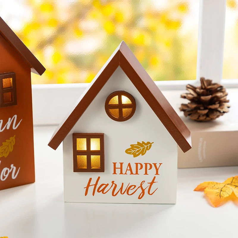 Glitzhome® Lighted Fall Wooden House-shaped Table Decor Set