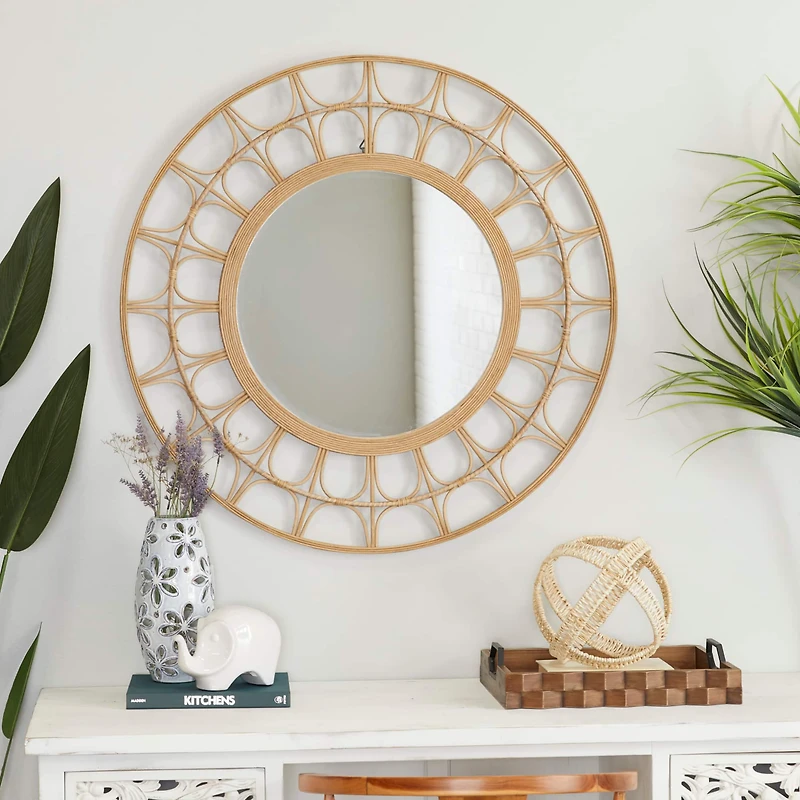 Brown Bamboo Bohemian Wall Mirror, 35" x 1" x 35"