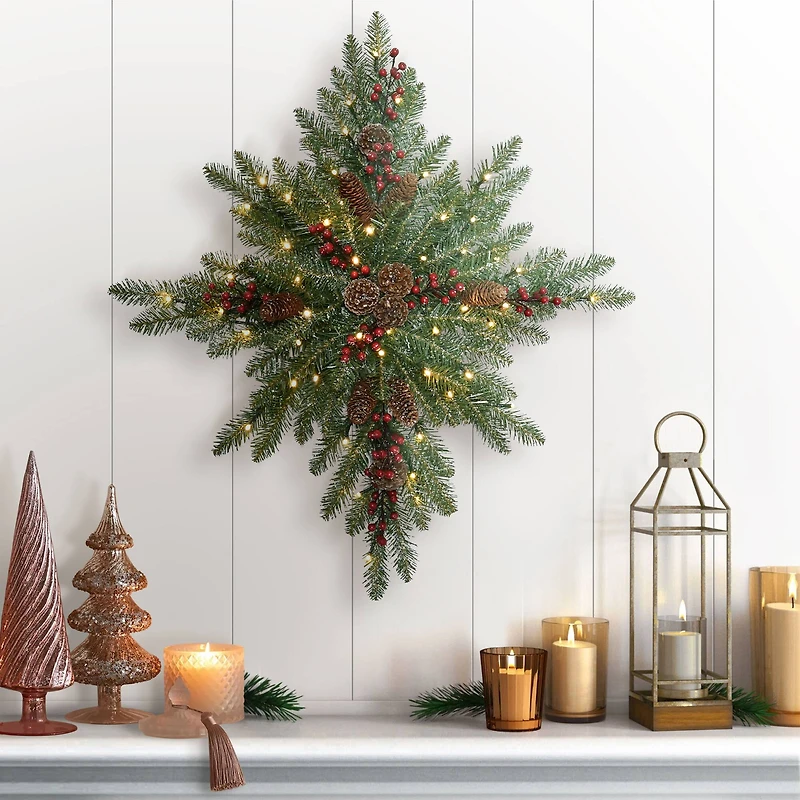 32" Pre-Lit Flocked Snowflake Wreath