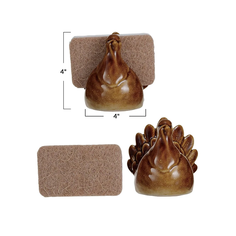 Hello Honey 4" Brown Reactive Glaze Stoneware Turkey Shaped Sponge Holder with Sponge, 2ct.