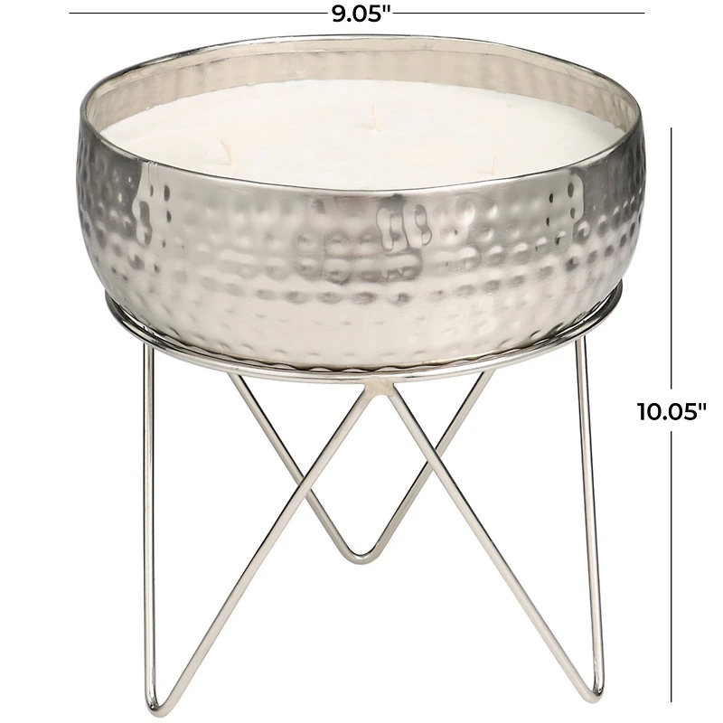 70oz. Campfire Scented White 4 Wick Candle in Silver Bowl with Tripod Stand