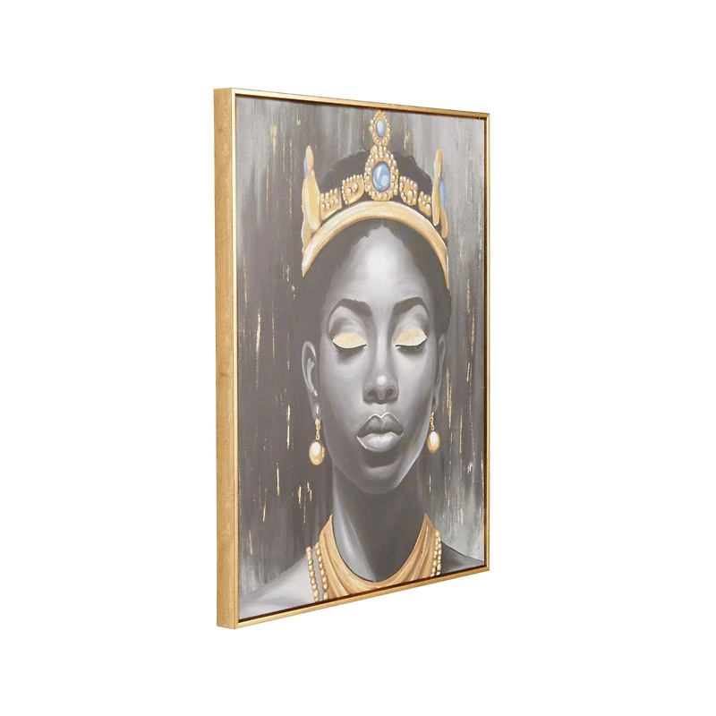 24" x 2" x 24" Black Canvas Woman Shaded Living Room Framed Wall Art with Blue Crown and Gold Foil Accents