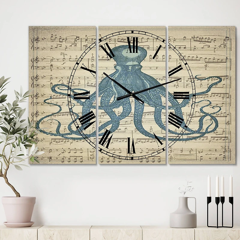 Designart 'Octopus Music Score Ii Large Nautical & Coastal Multipanel Wall Clock