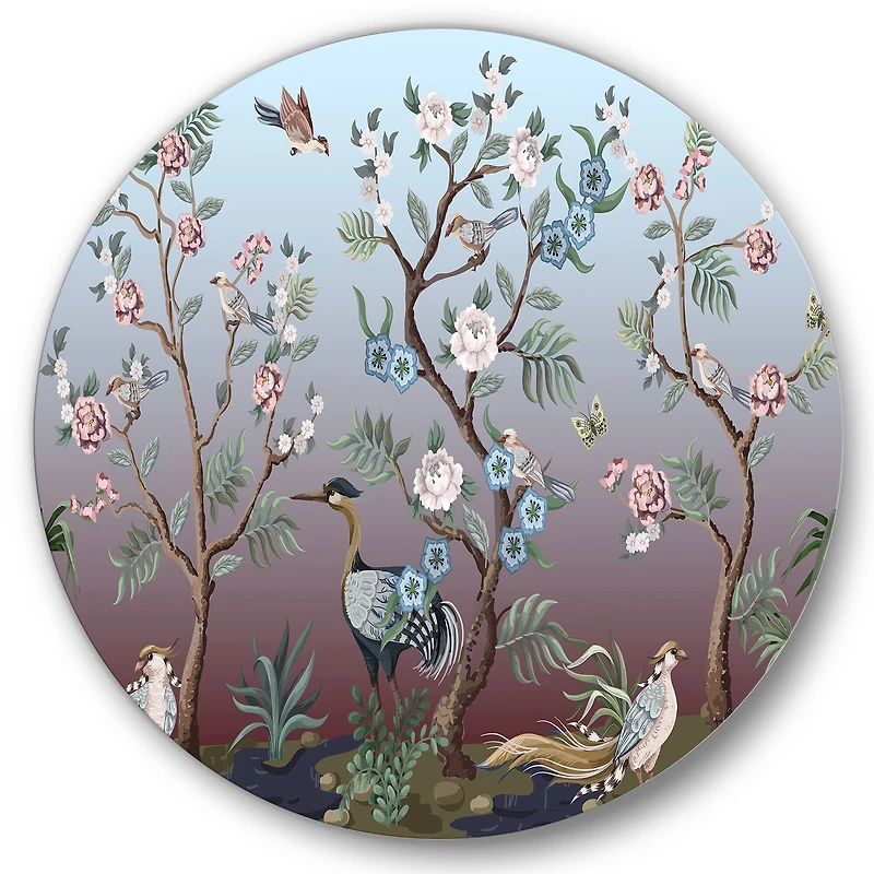 Designart - Chinoiserie With Birds and Peonies XI - Traditional Metal Circle Wall Art
