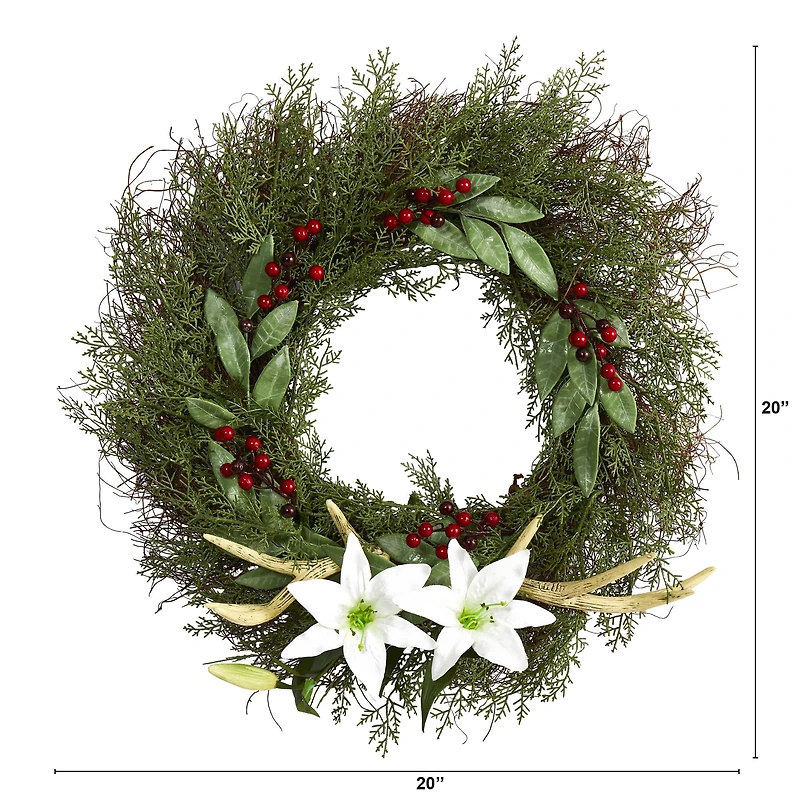 20" Cedar, Lilies & Berries with Antlers Wreath