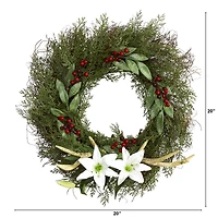 20" Cedar, Lilies & Berries with Antlers Wreath