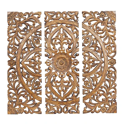 36" Brown Wood Traditional Floral Wall Décor Set