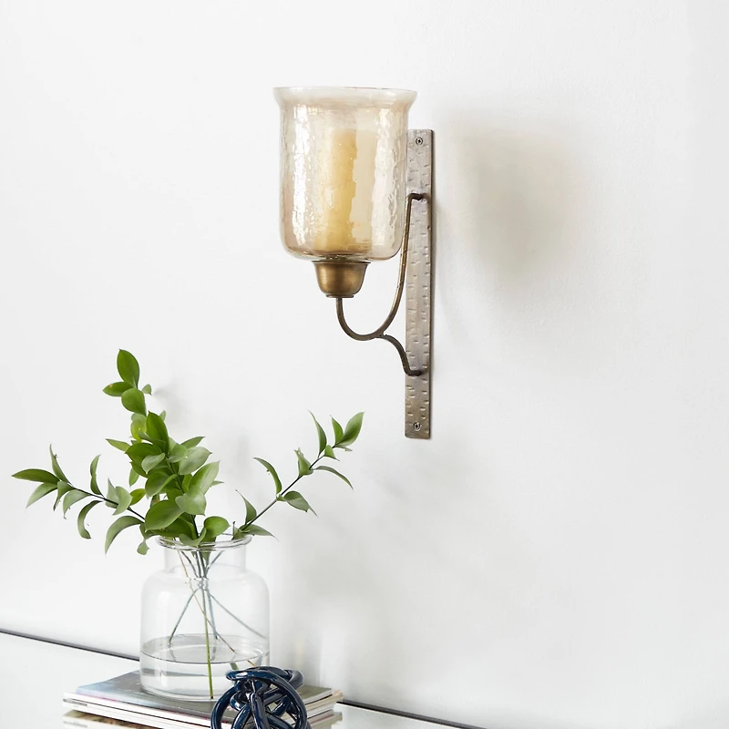 Bronze Iron and Glass Traditional Candle Wall Sconce, 17" x 7" x 9"