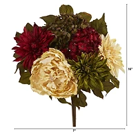 16" Cream Peony, Red Hydrangea & Green Dahlia Bush, 2ct.