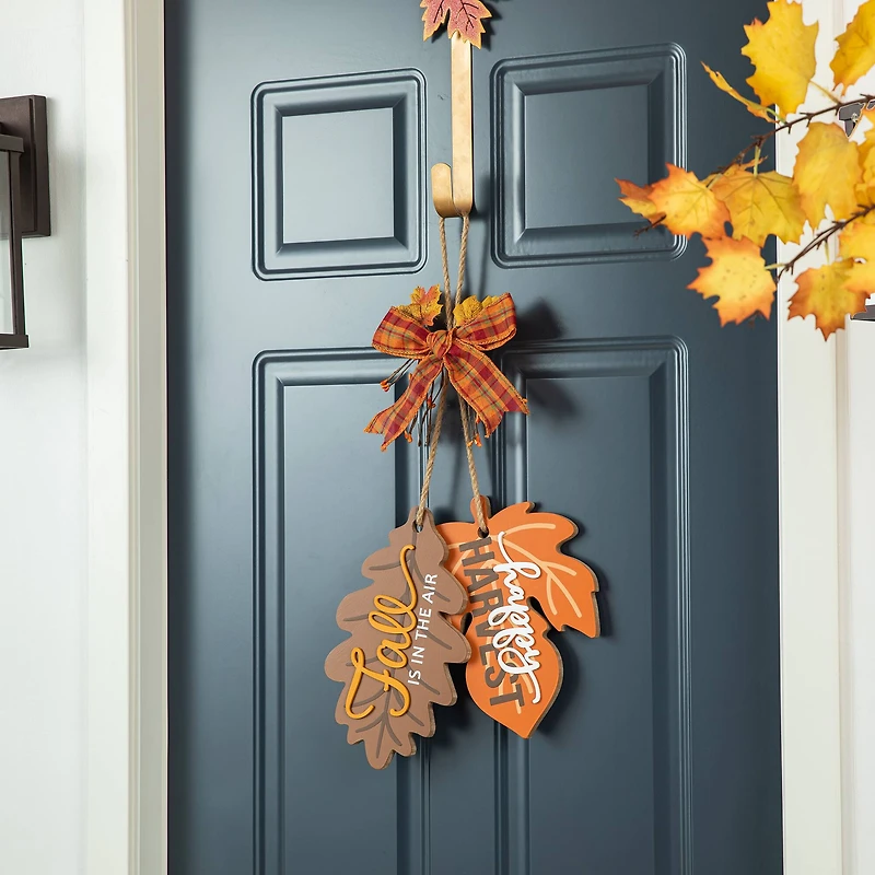 Glitzhome® 24.5" Fall Wood Maple Leaves with Bowknot Door Hanger
