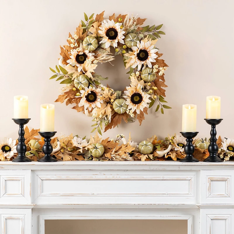 Glitzhome® 24" Fall Neutral Sunflower, Pumpkin and Leaf Wreath
