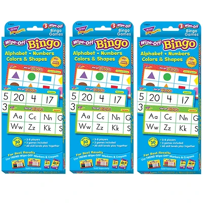 TREND Alphabets, Number, Shapes and Colors Wipe-Off Bingo Cards, 3 Pack of 24