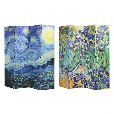 American Art Decor™ 6ft. Double-Sided 4-Panel Van Gogh Starry Night and Irises Flowers Canvas Privacy Screen