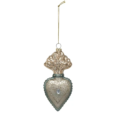 Hello Honey® 5.5" Silver Finish & Aqua Mercury Glass Sacred Heart Ornament with Glitter & Jewel