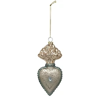 Hello Honey® 5.5" Silver Finish & Aqua Mercury Glass Sacred Heart Ornament with Glitter & Jewel
