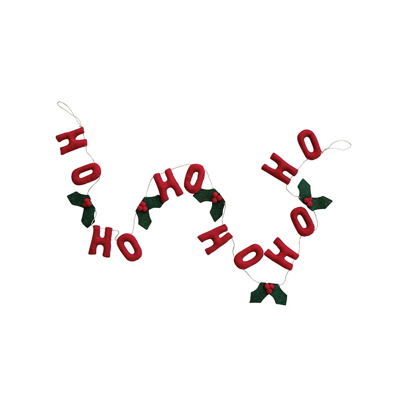Hello Honey® 6ft. Handmade Wool Felt "HO HO HO" with Holly Leaves & Berries Garland