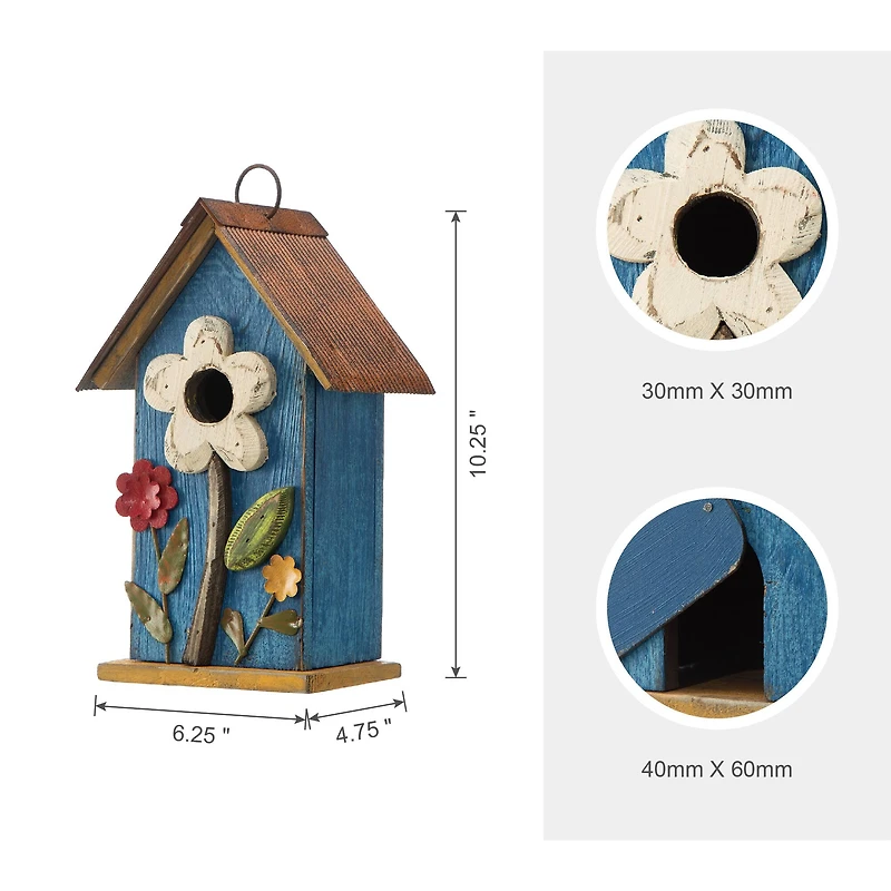 Glitzhome® 10.25" Retro Blue Distressed Flower Birdhouse