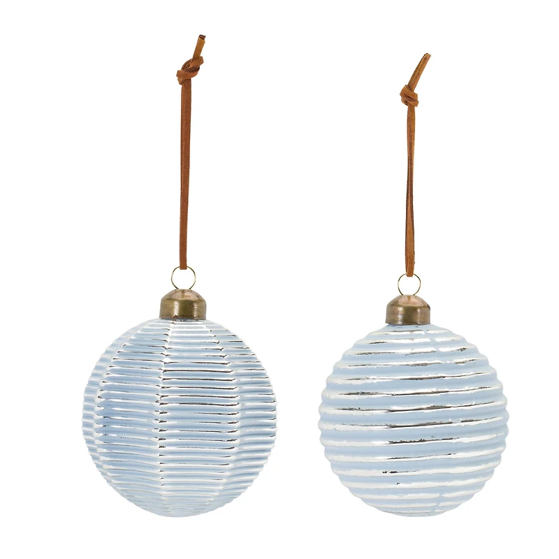 3" Ribbed Blue & White Glass Ball Ornament Set