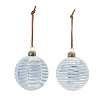 3" Ribbed Blue & White Glass Ball Ornament Set