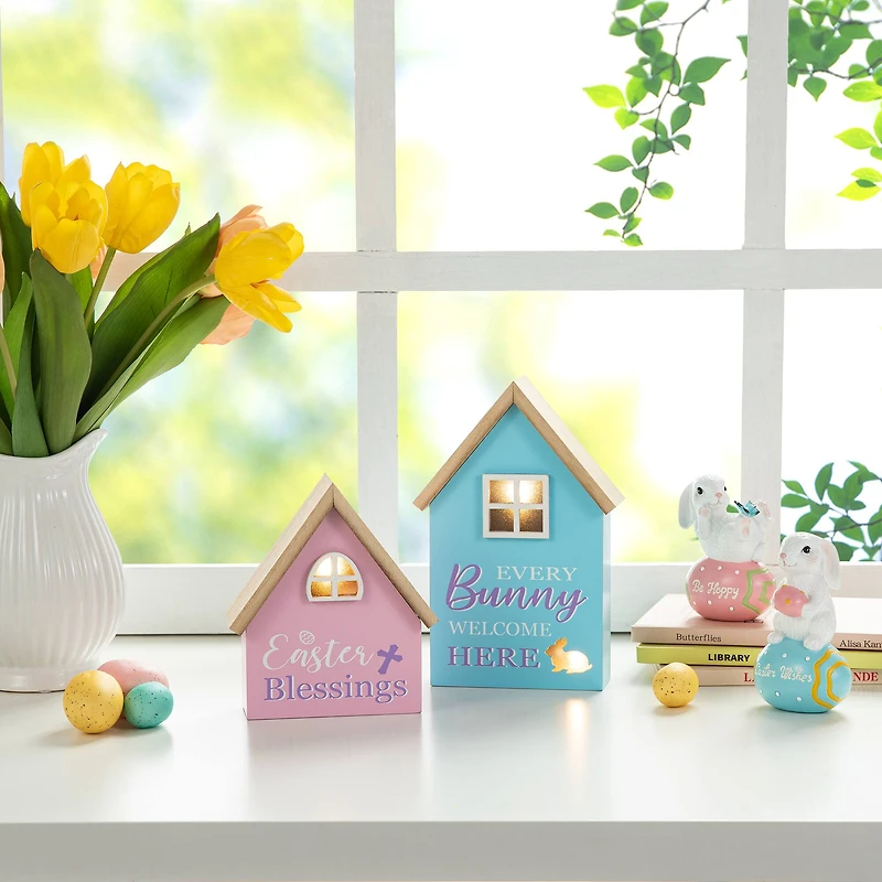 Glitzhome® Lighted Easter Wooden House-Shaped Table Décor Set