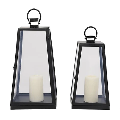 Tall Black Minimalist Metal Candle Lantern Set with Ring Handles