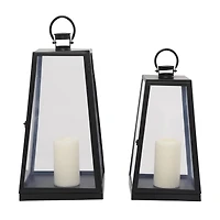 Tall Black Minimalist Metal Candle Lantern Set with Ring Handles