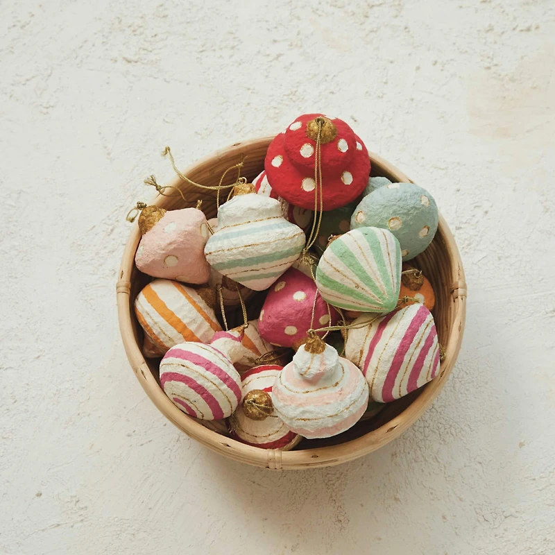 Hello Honey® 3.5" Handmade Paper Mache Ornament Set with Metallic Gold Details