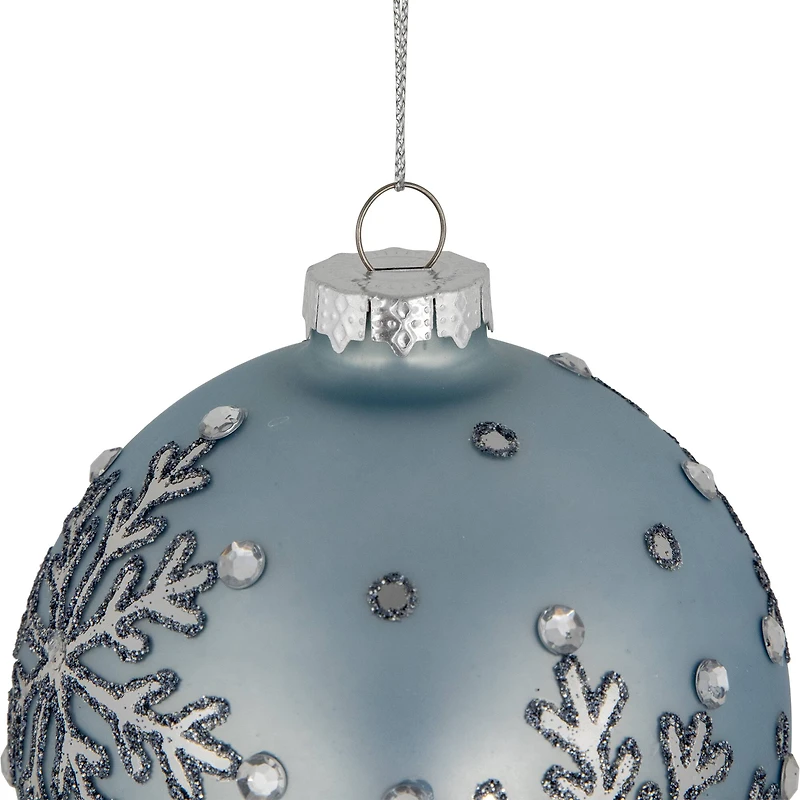 2ct. 4" Light Blue Jeweled Reflective Snowflakes Glass Ball Ornaments