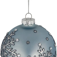 2ct. 4" Light Blue Jeweled Reflective Snowflakes Glass Ball Ornaments