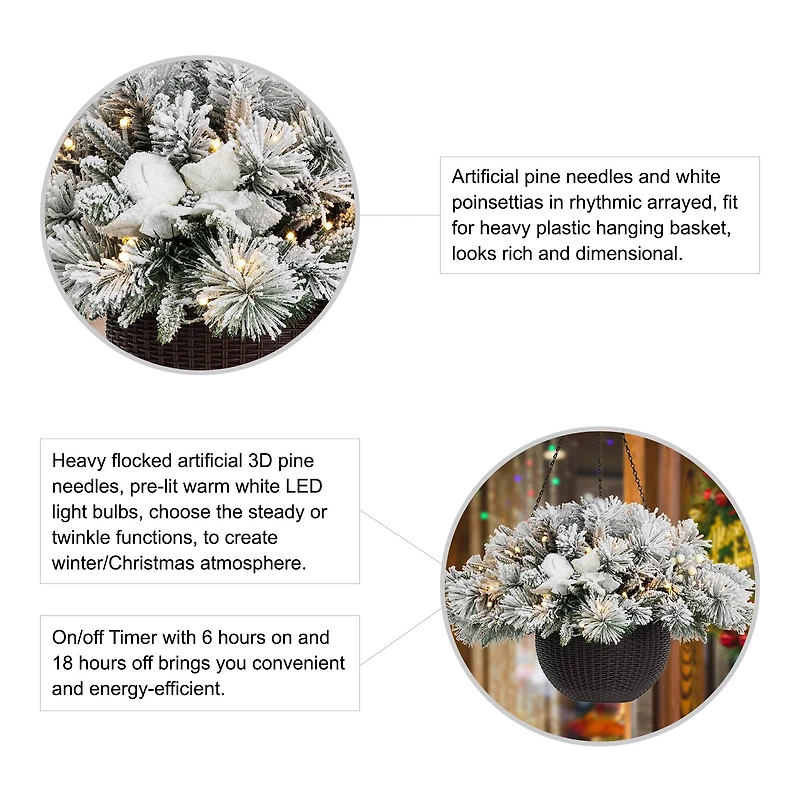 Glitzhome® 24'' Pre-Lit Snow Flocked Christmas Artificial Pine Poinsettia Hanging Baskets, 2ct.