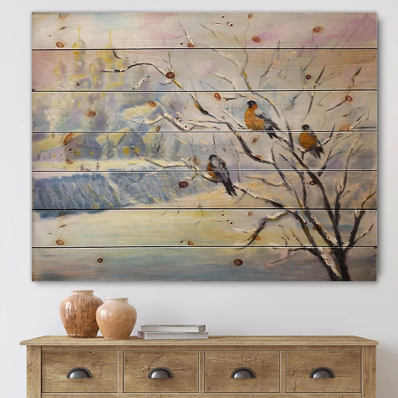 Designart - Rustic Birds On A Tree In Winter Village