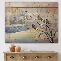 Designart - Rustic Birds On A Tree In Winter Village