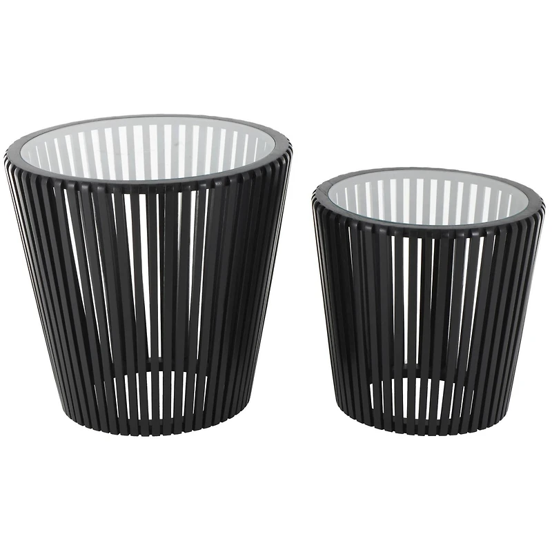 Black Wood Cage Inspired Accent Table with Clear Glass Tabletop Set